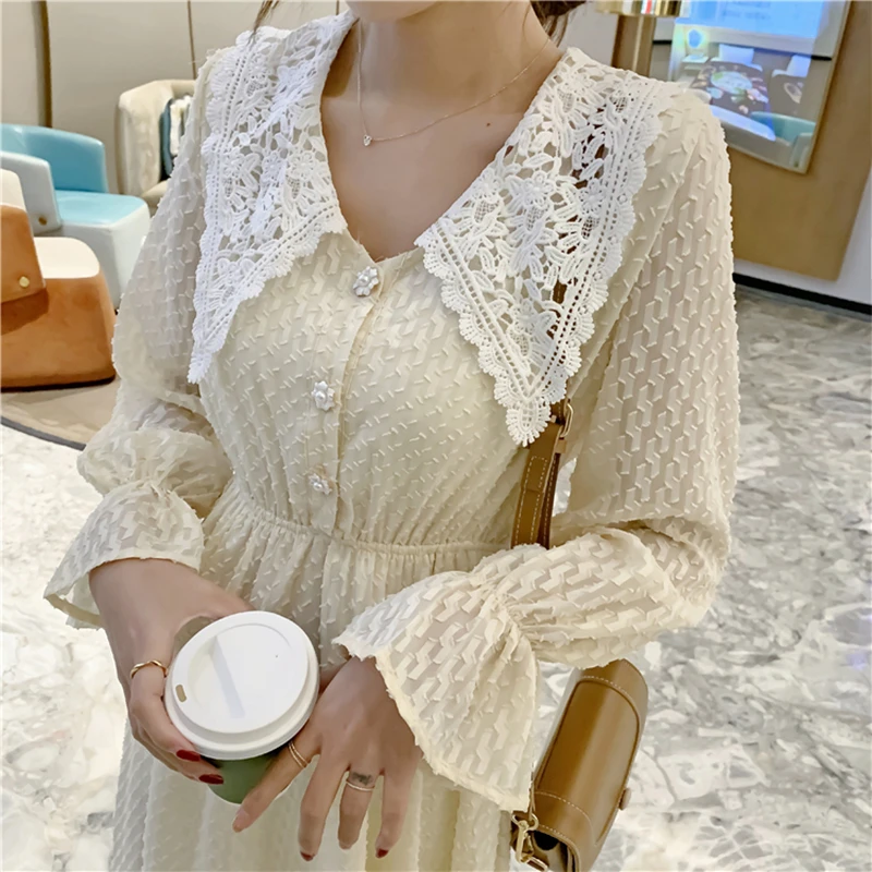 

Spring Women Lace Long Sleeve Dress Leisure Peter Pan Collar Dress Patchwork Fashion Ladies New Vestidos