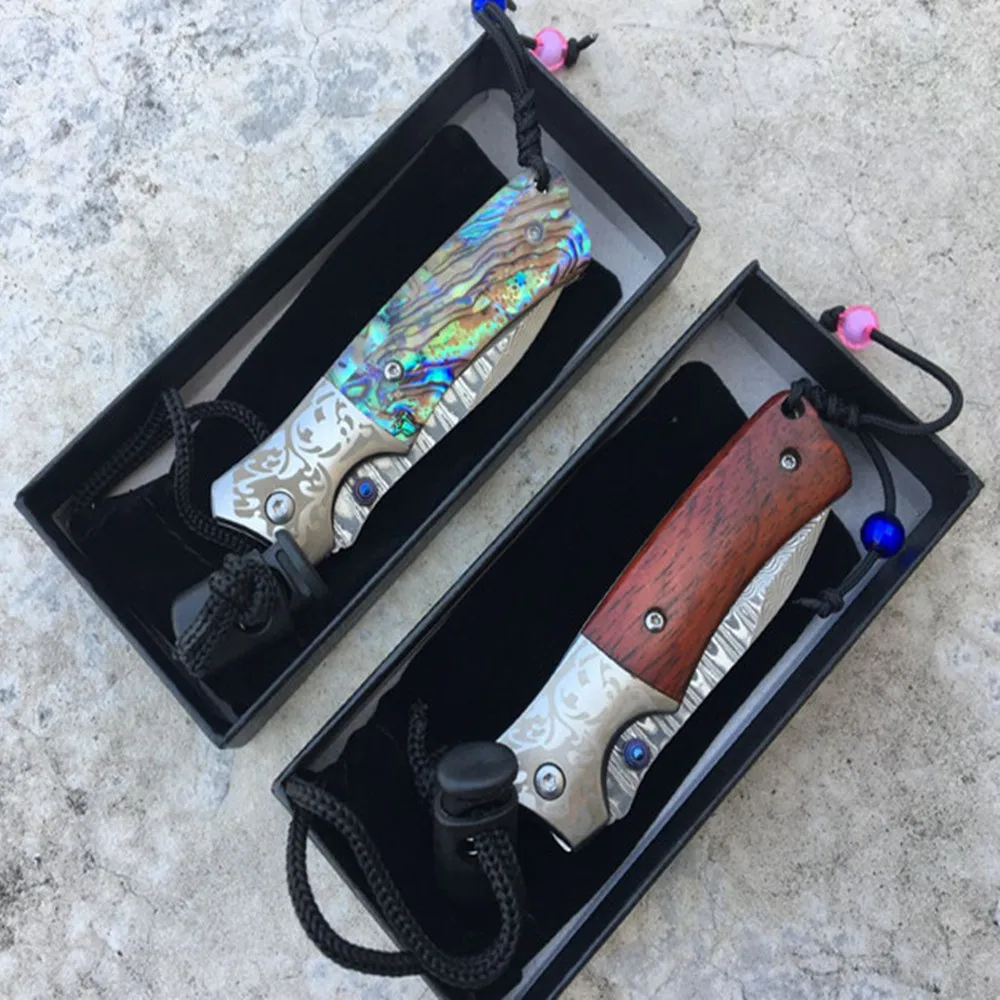 Складной нож дамасское лезвие желтая ручка из сандалового дерева выживание