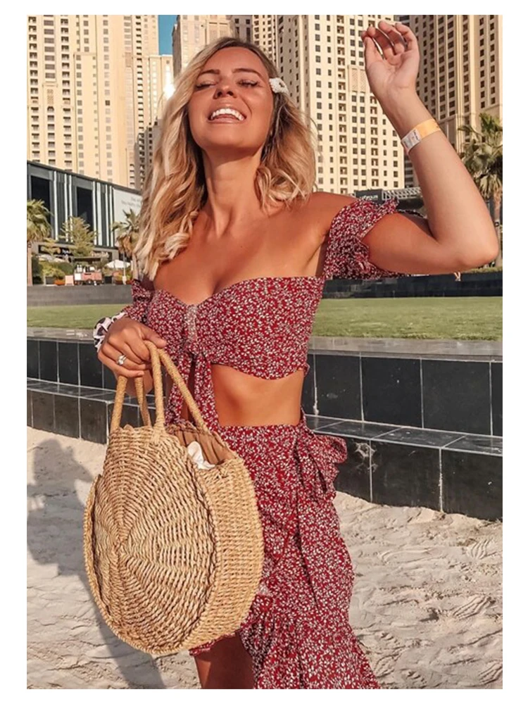 Dotfashion, ржавчина, завязанный гофрированный цветочный топ с открытыми плечами, с рюшами, юбка, набор для женщин,, Boho, летний, короткий рукав, комплект из двух предметов