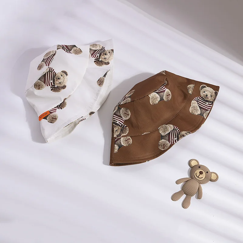 

2021 new cartoon bear print children flat-topped fisherman's hat cute catch baby big-brimmed hat shade 2-3 years old children