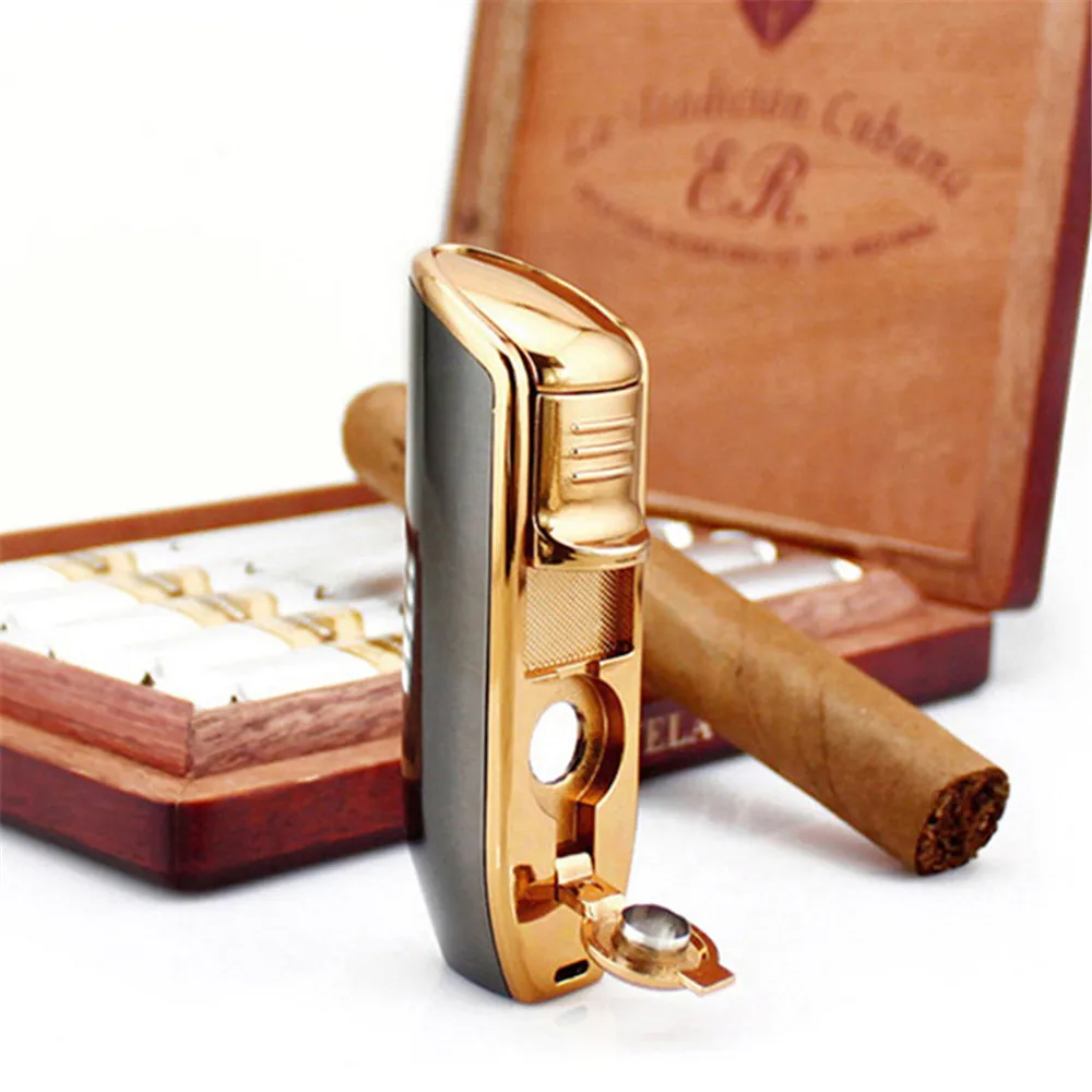 Новая Металлическая ветрозащитная Зажигалка для сигар с 3 синими пламенями турбо