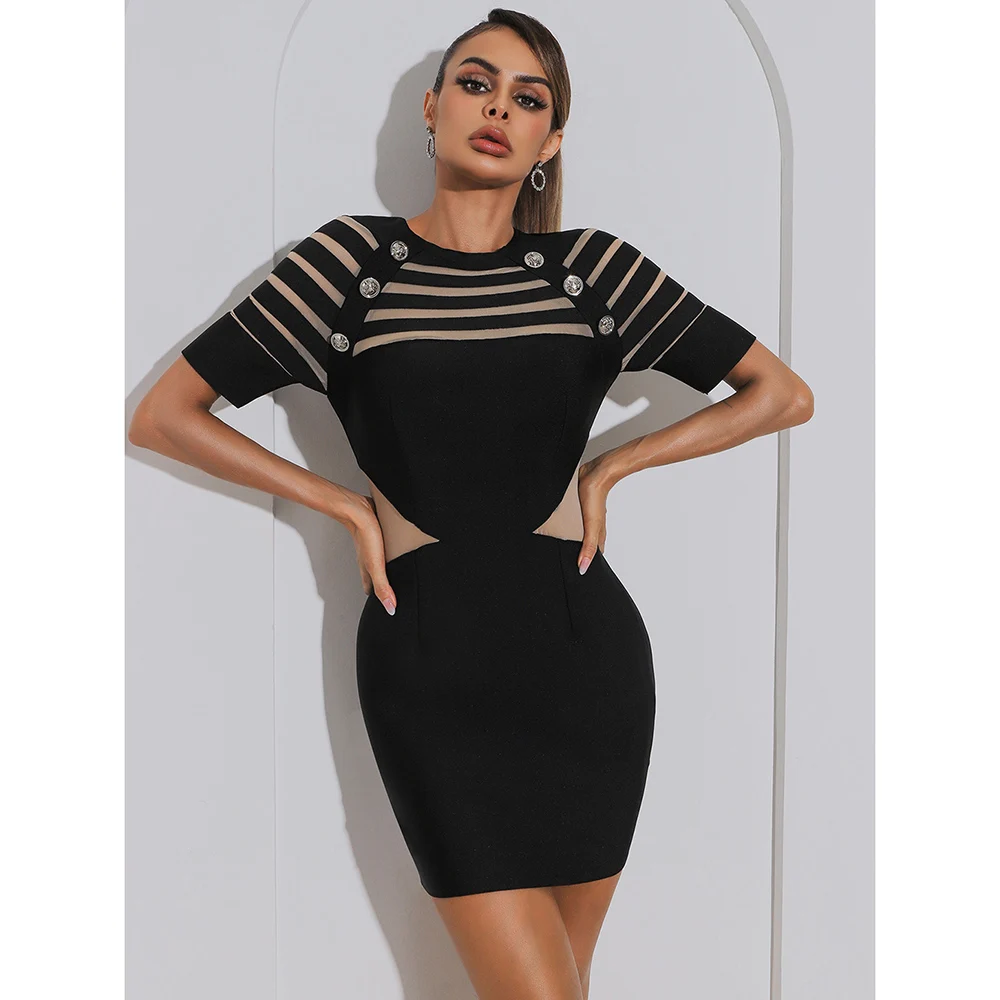 

Black Striped Sexy Mesh Patchwork Nightclub Robe Buttons Women Mini Party Dress Femme Vintage Summer Bodycon Vestidos DH7450