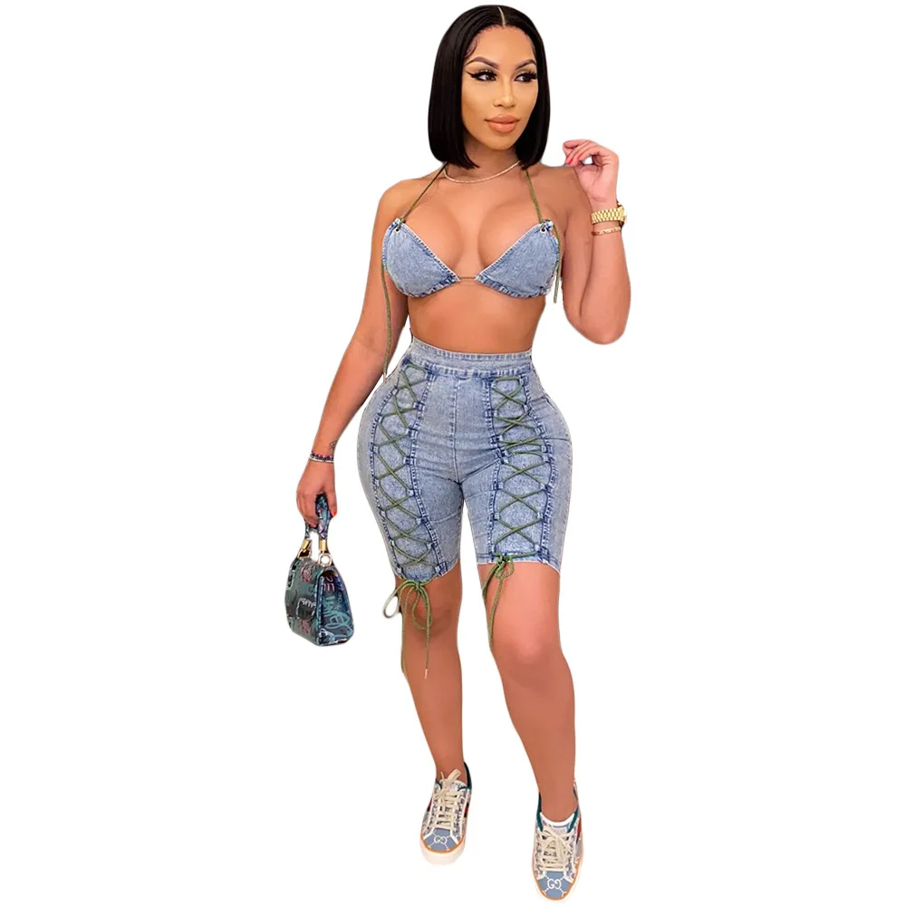 

PinePear Sexy Lace Up Denim Two Piece Set for Women Matching Sets Halter Bra Crop Top and Jeans Shorts Sweat Suit Fashion Outfit
