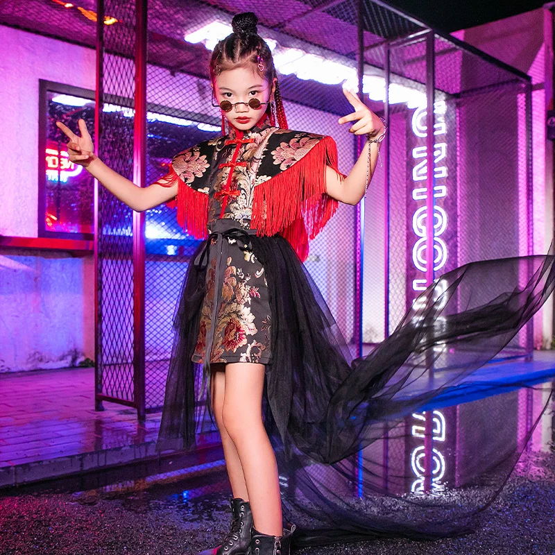 

Jazz Dance Costumes For Girls Chinese Style Catwalk Show Clothing Red Fringe Black Trailing Yarn Street Dance Clothing DQL6148