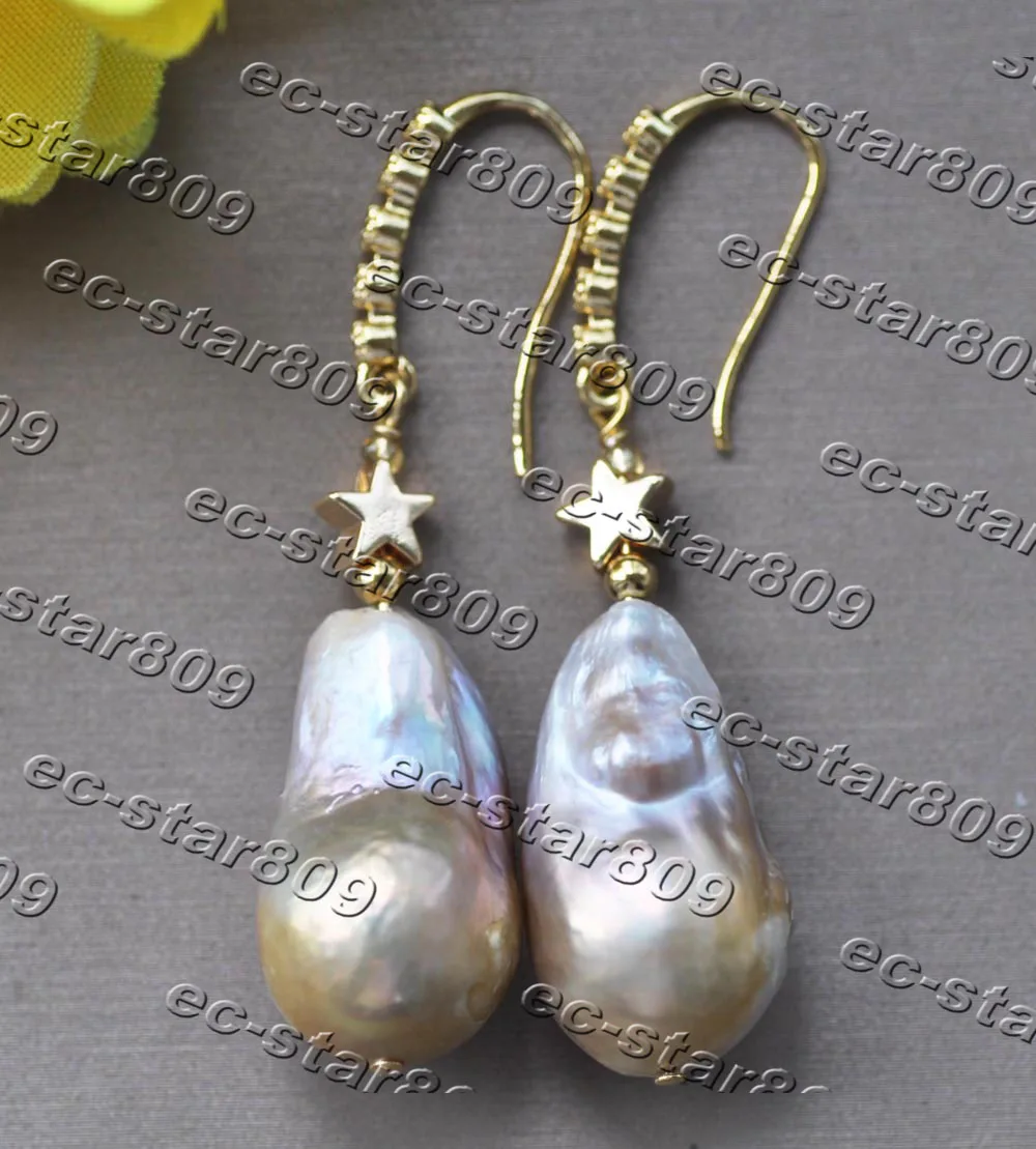 

Z11347 23mm Gold-Lavender Drop Keshi Pearl Star Bead Dangle Earring CZ Women Fine Jewelry