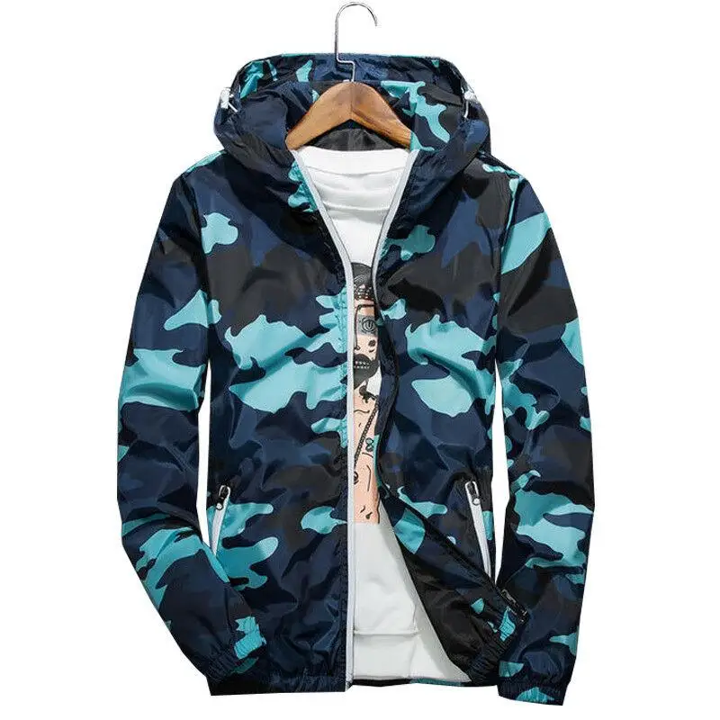 

Men Jacket Camo Hooded Coat Windproof Hiking Outdoor Outerwear Sportswear Casual