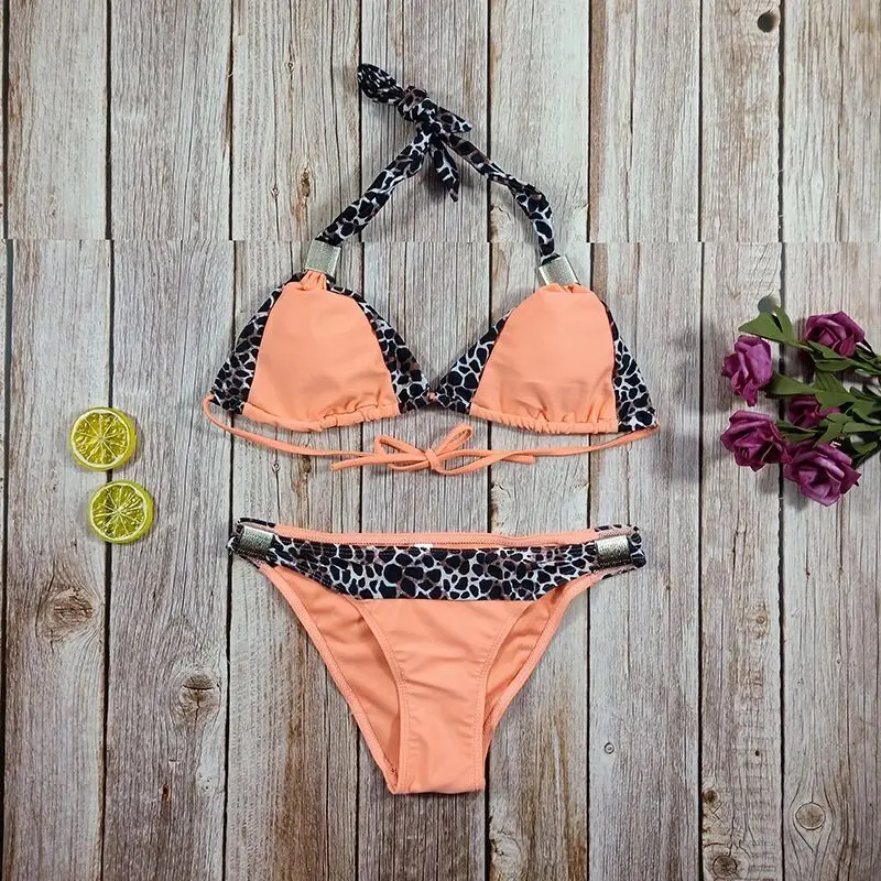 

Women Split Swimsuit Summer Two Piece Sexy stitching metal decoration Tankini Beach Swimwear Bathing Suit Padded Swimdress