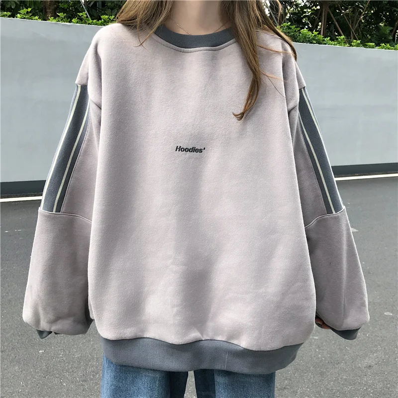 

Casual Long Sleeve Loose Letter Print Sweatshirt Women Hoodies Fashion O-neck Stitching Harajuku Purple Gray Hoodie Womens Tops