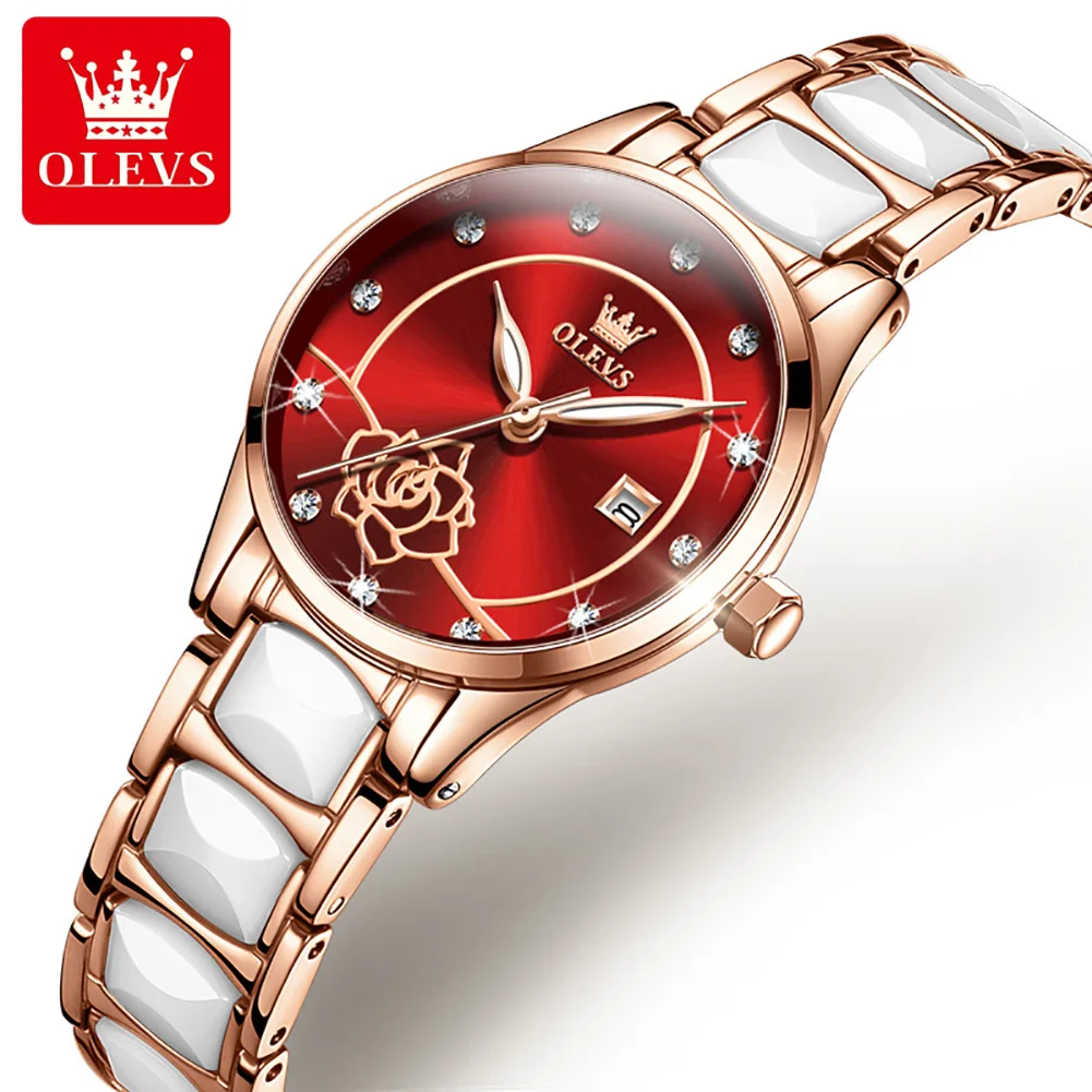 Top Luxury Brand OLEVS Women Wine Red Classic Quartz Watch Female Elegant Clock Luxury Gift Watches Ladies Waterproof Wristwatch