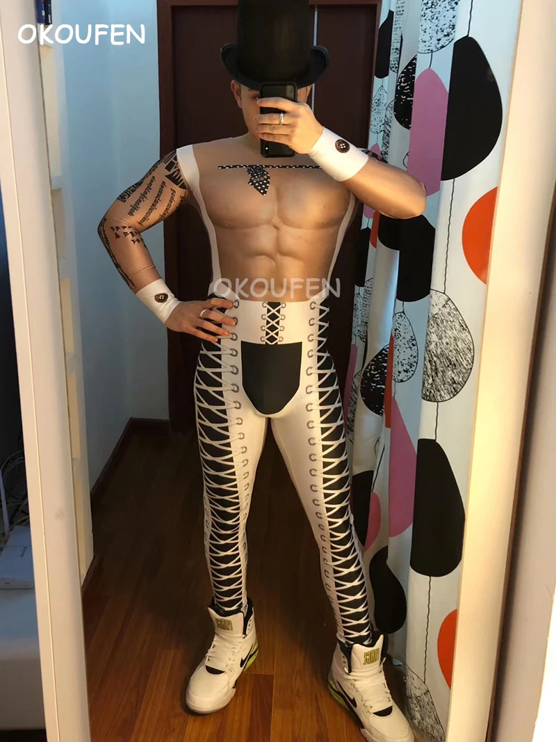 Мужской вечерний костюм белый с имитацией мускулов для ночных клубов Dj ds |