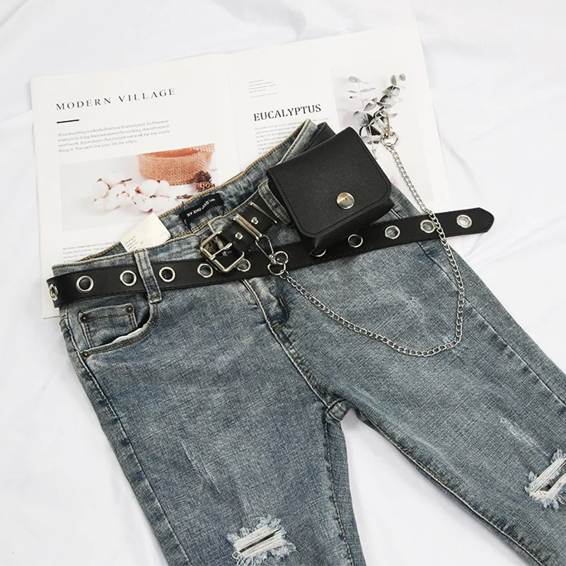 

Punk Women Belts Chain PU Leather Luxury Brand Black Waist Strap For Trousers Jeans Ladies Female Waistband With Wallet