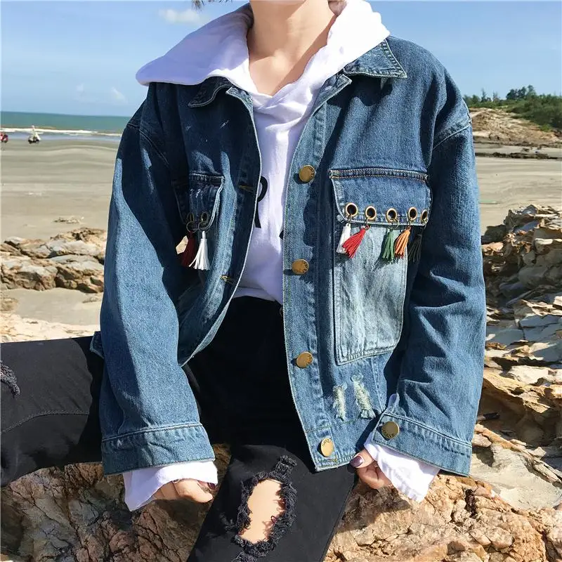 Потертая короткая джинсовая куртка с бахромой Женская винтажная Повседневная