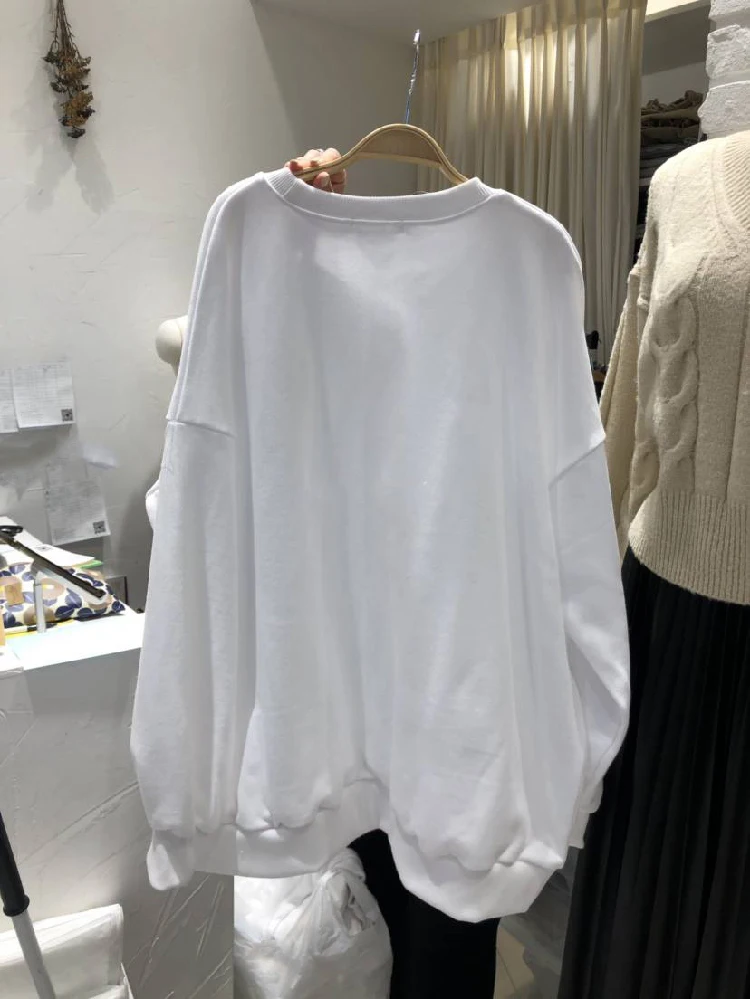 

2021 Spring Autumn Korean Women New Lazy Embroidered Hoodie Solid Loose Smile Face Ladies Sweatshirt Round Neck Simple Top
