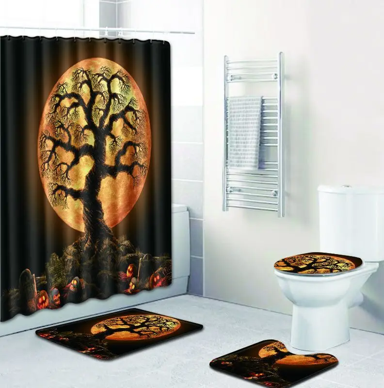 Zeegle Halloween Bath Mat Set Pedestal Rug Lid Toilet Cover U Type Waterproof Shower Curtain Anti-slip Doormat | Дом и сад