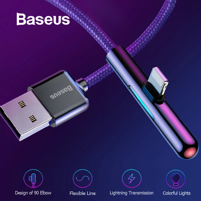 Baseus USB кабель для iPhone Xs XR Xs Max 90 градусов мобильный игровой кабель со светодиодной подсветкой Быстрая зарядка зарядное устройство для iPhone X 8 7 6