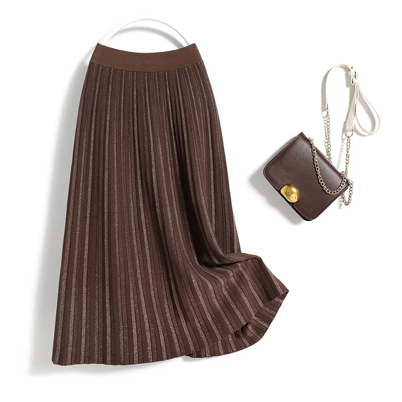 

2021 New Autumn Winter Fashion Temperament Thick Crystal Linen Bright Silk Knitted Pleated Skirt Mid-length Skirt KK1165