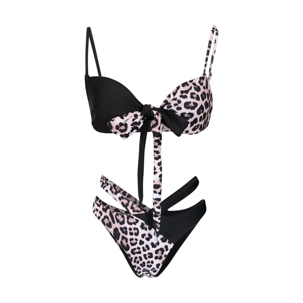 

Women's Bikini Set Leopard Print Bandage Swimsuit Push-Up Pad Hollow Swimwear Beachwear Bathing Suit Traje De Bao Para Mujer