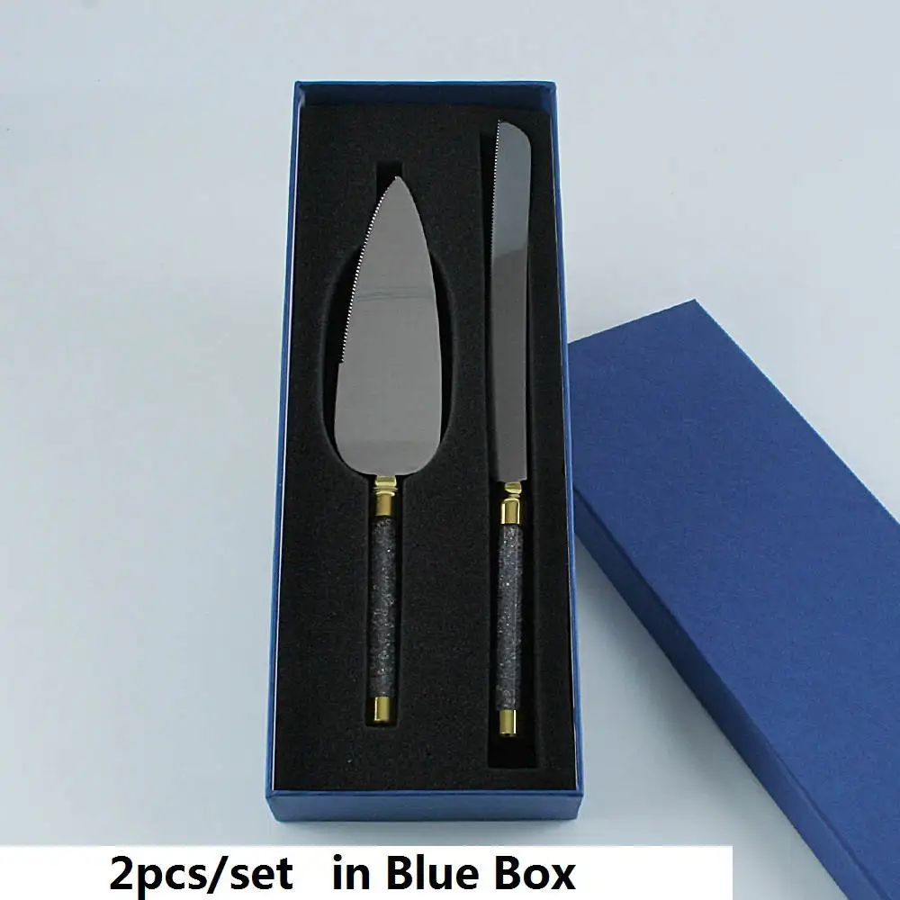 2pcs with Blue box 2 шт. золотой кристалл ручка нож для свадебного торта комплект лопат нержавеющая сталь день рождения посуда Стразы Свадьба Вечерние посуда - Цвет: 2pcs with Blue box