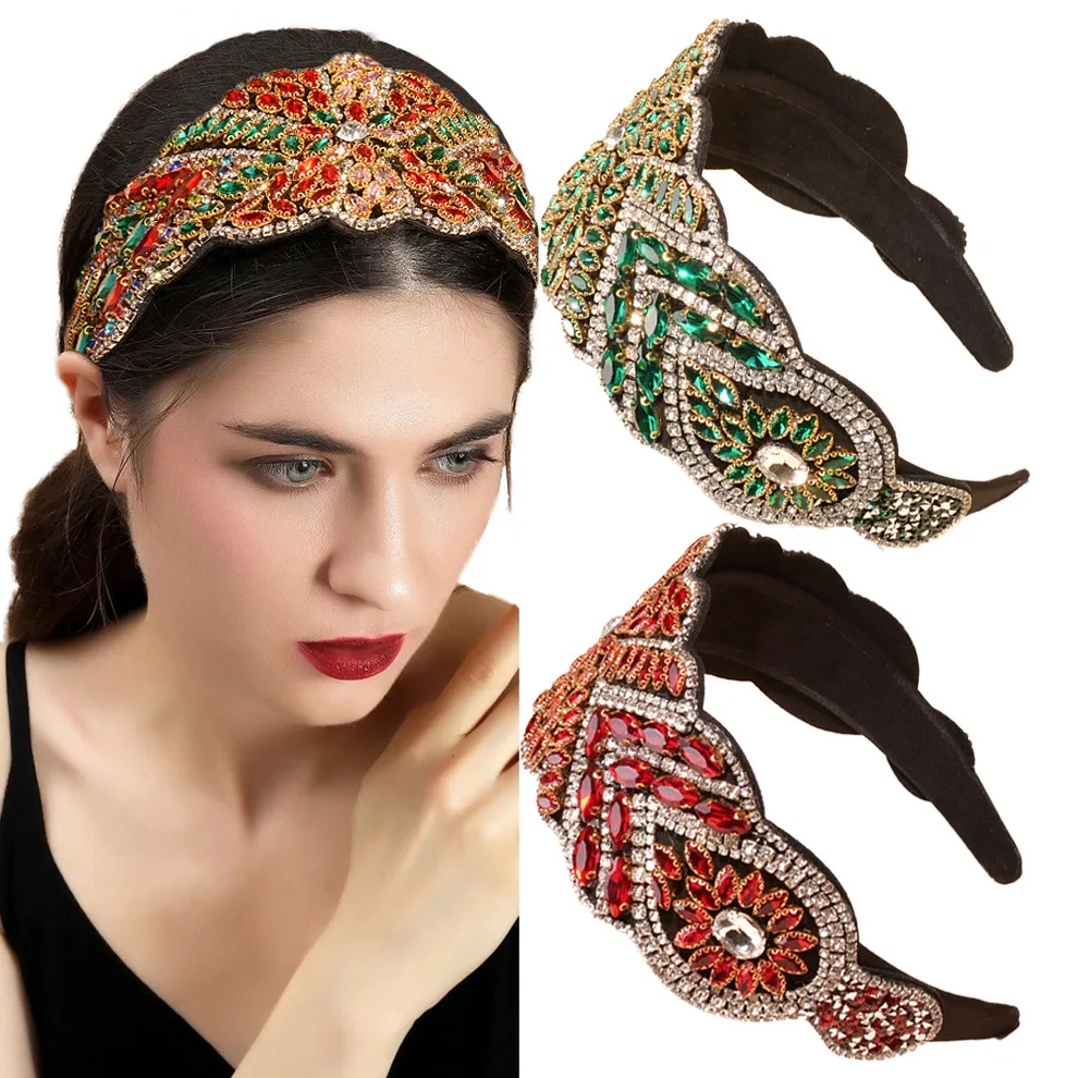 

Europe Handmade Colorful Rhinestone Hairbands Women Broad Brimmed Baroque Vintage Non-slip Headbands Court Hair Accessories