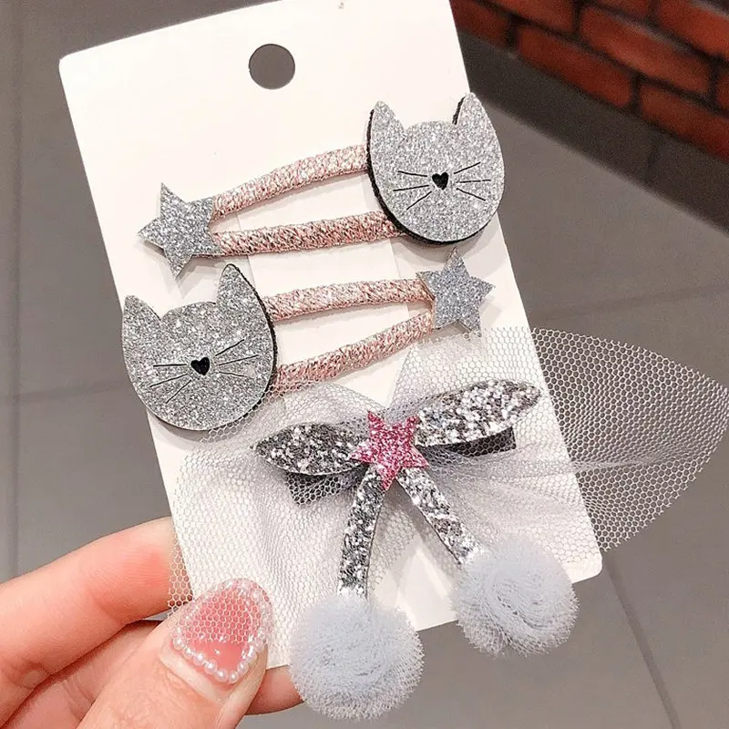 grey 3 шт./компл. милые детские с рисунками животных Bb клип Cat Заколки невидимки для волос блестящие Головные уборы Детские аксессуары для волос - Цвет: grey