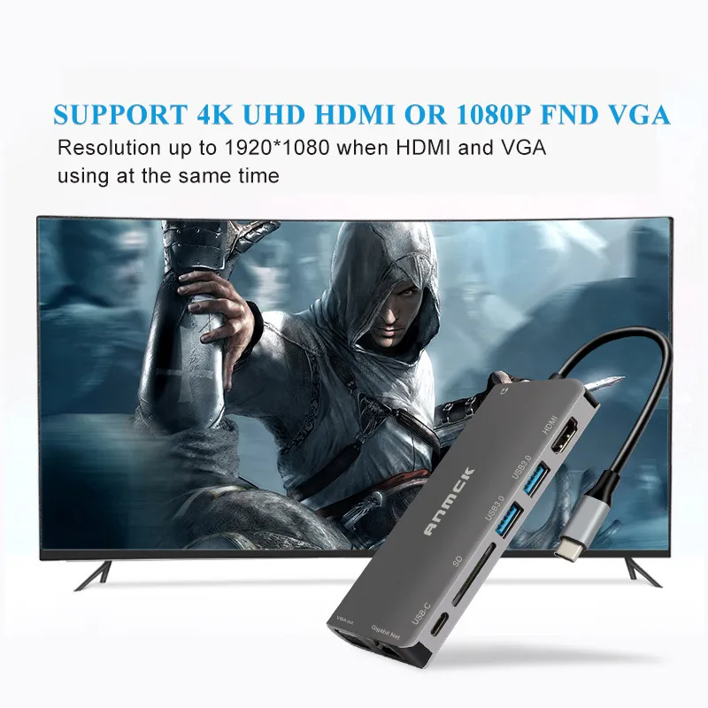 USB-концентратор Anmck usb-c на HDMI VGA RJ45 PD Thunderbolt 3 адаптер для MacBook Samsung Galaxy S9 Huawei P20 Pro Type-C 0