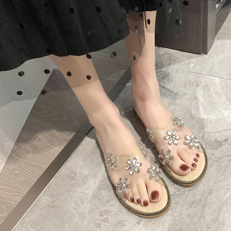 

Female Shoes Slippers Flat Low Slides Flower Fashion 2021 Summer Luxury Floral Basic PU Rome Rubber Shoes Ladies' Slippers Luxur