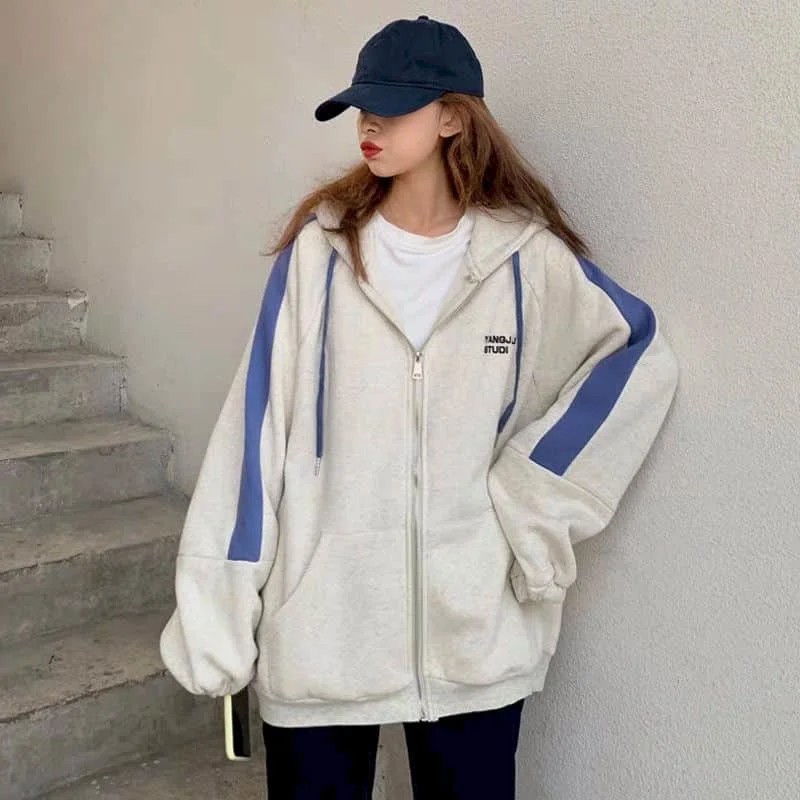 

Spring Autumn Thin Hoodies Jacket Women Loose Korean Fashion Harajuku Bf Lazy Style Zipper Lovers Interesting Casual Street Coat