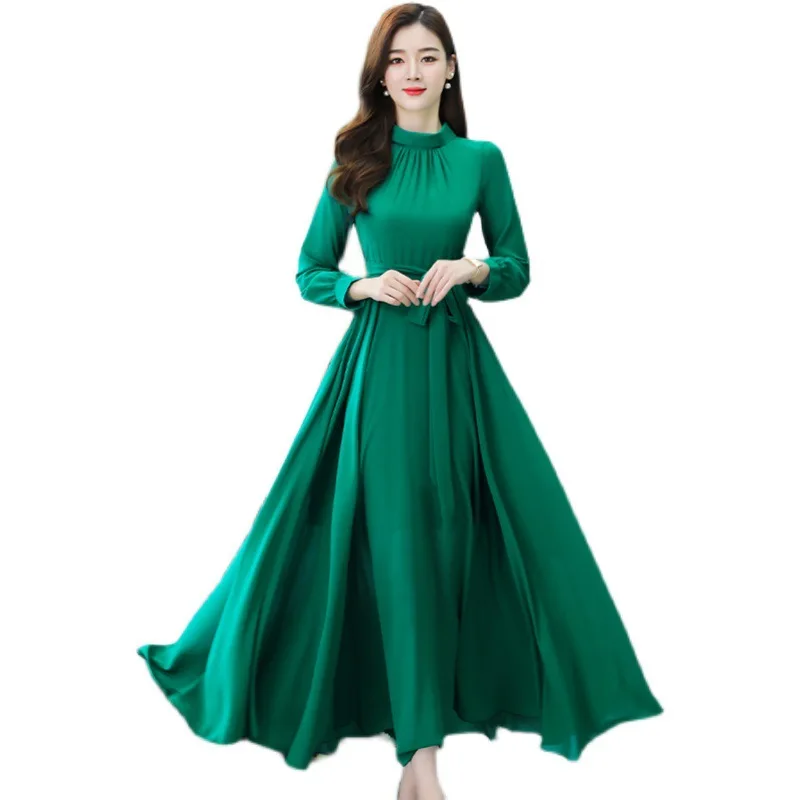 

2021 spring new temperament waist slim slimming over knee solid color chiffon long sleeve dress beach dress