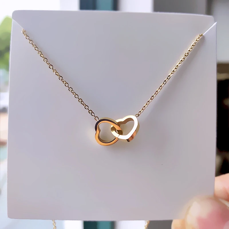 Double Heart Necklaces For Women Stainless Steel Pendant Gold Chain Chokers Heart-shaped Necklace Wedding Jewelry Gift Femme | Украшения и