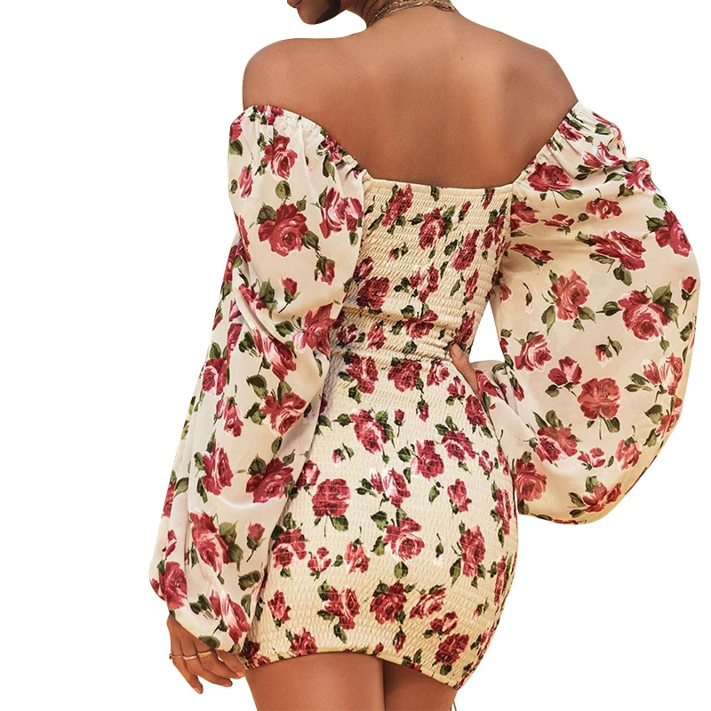 

Women Fashion Dress Summer Floral Print Frill Hem Puff Long Sleeve Square Neck Robe Femme Wrap Hips Dress Ruffles Mini Dress