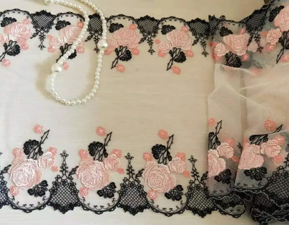 Великолепная кружевная отделка из тюля розовые розы черные цветы Вышитое