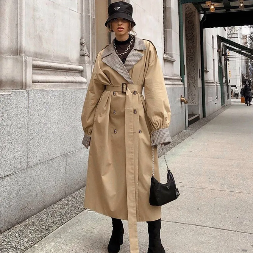 Женский винтажный Тренч с поясом Длинная ветровка цвета хаки клетчатая зимняя