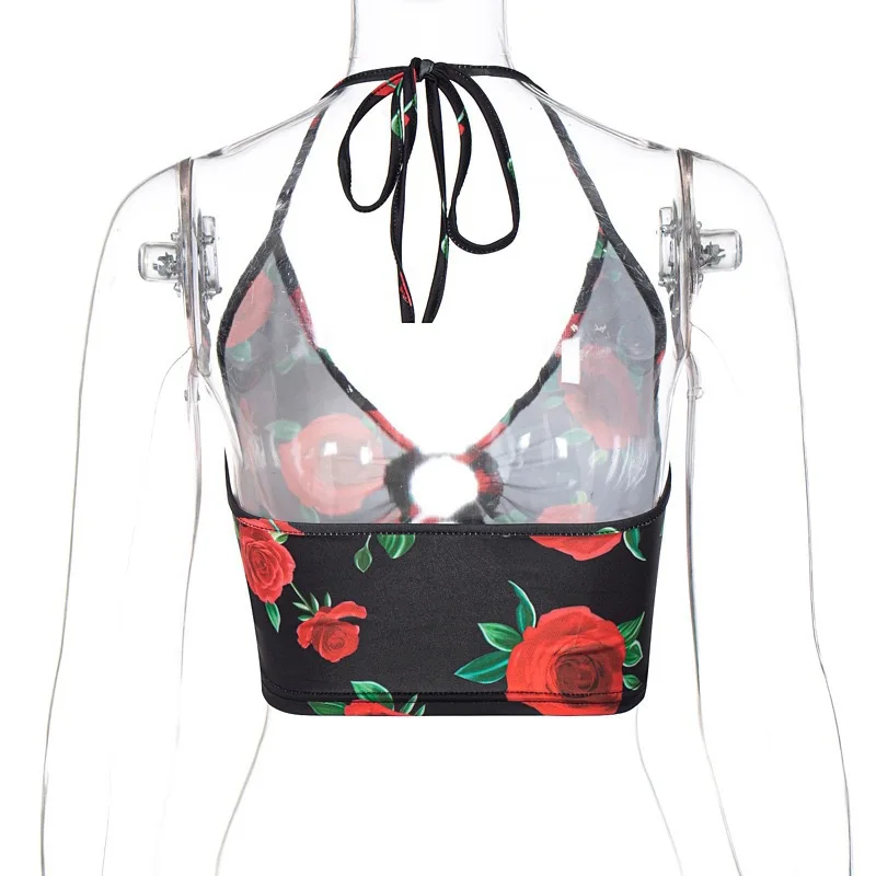 

Vintage Floral Halter Strap Slim-fit Deep V-neck Halter Crop Top Y2k Aesthetic Halter Beach Party Rose Print Chest Wrap Summer