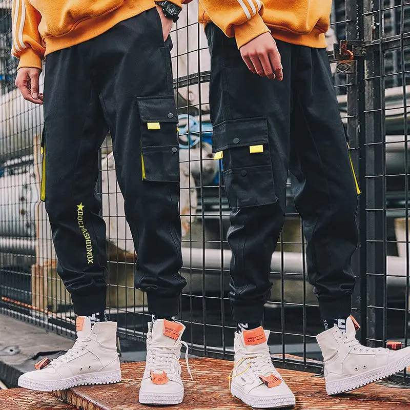 

Tide Brand Overalls Male Loose Leisure Pants Feet 2020 Men Multi-pocket Harem Hip Pop Haren Pants Patchwork Overalls Streetwear