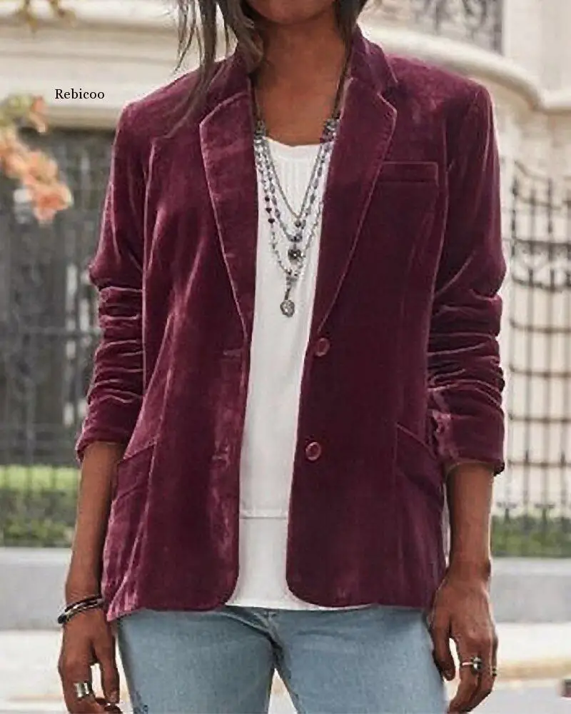 

Spring Autumn Office Lady Pocket Velvet Jacket Women Casual Long Sleeve Coat Suit Elegant Fashion Turn-Down Collar Outerwear 5Xl