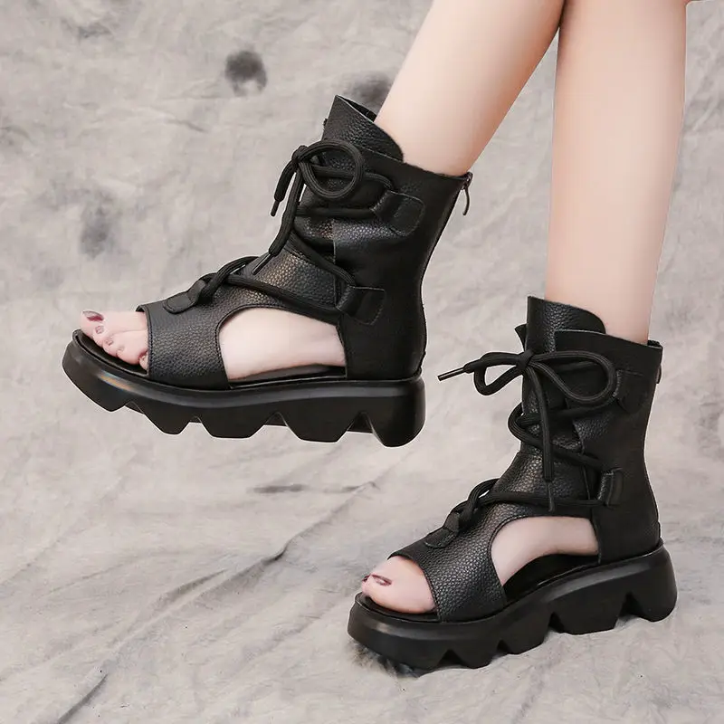 

Ladies Sandals Shoes 2021 Summer Retro Open-toed Platform Sandals PU Leather Cross Straps Platform Women's Shoes Ladies Sandals