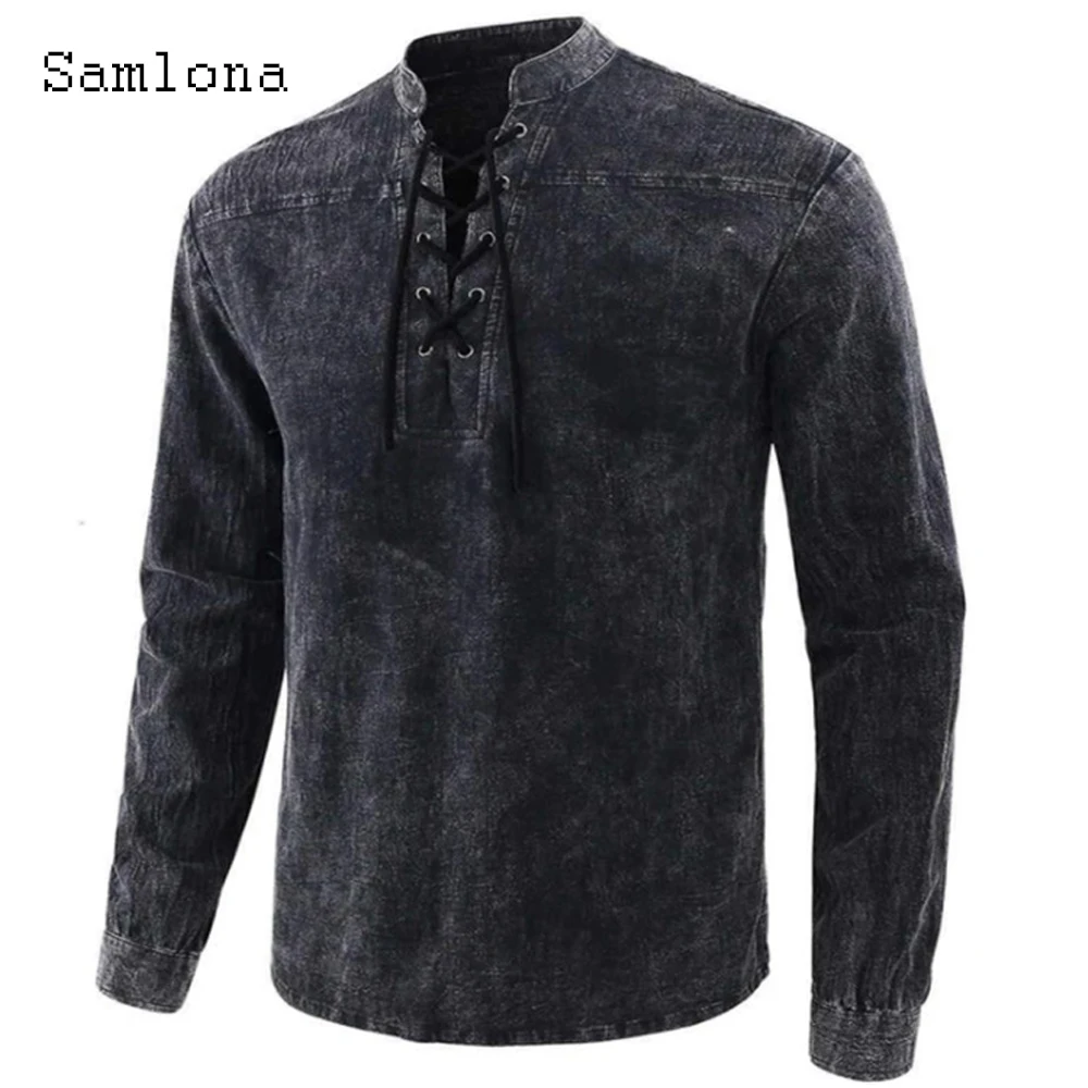 

Mens Fashion Shirt Lace-up V-neck Tops Long Sleeve Linen Blouses Sexy Men clothing 2021 New Summer Homme Ropa Casual Pullovers