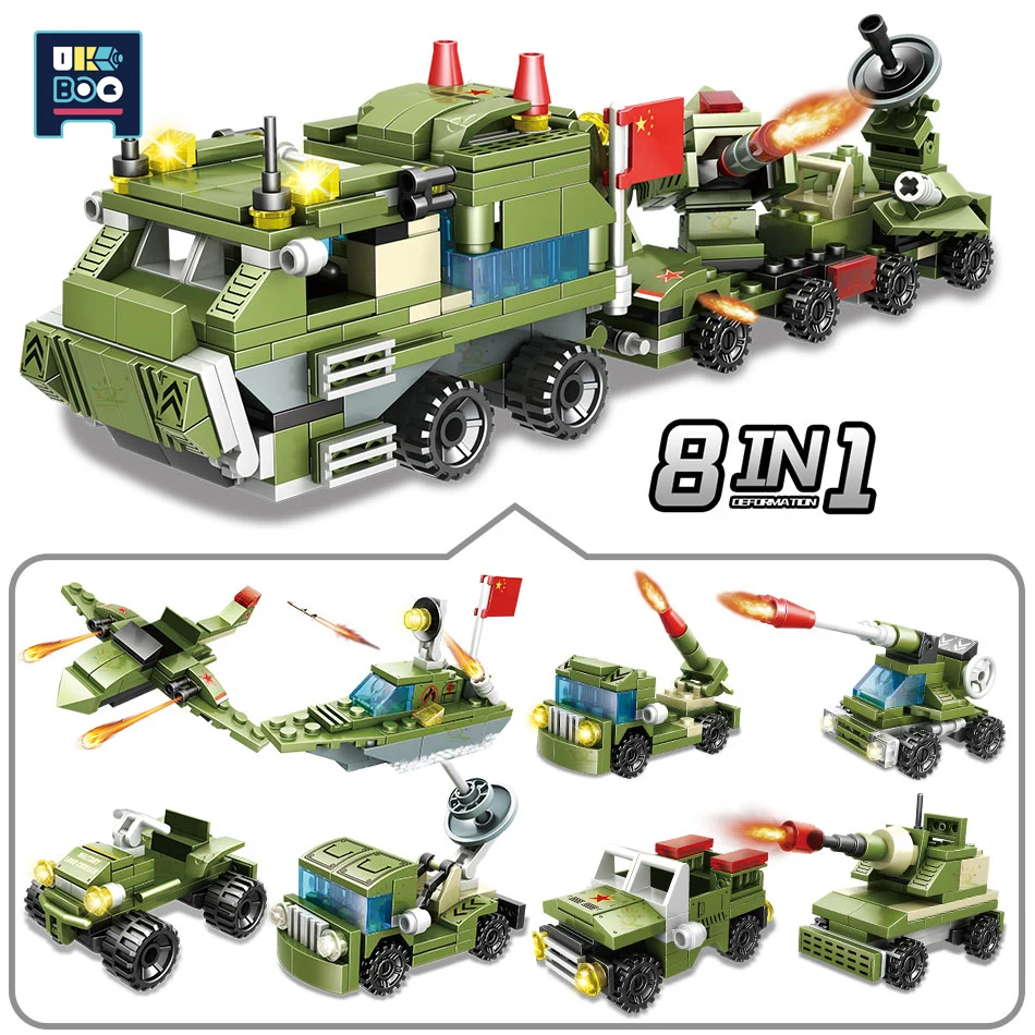 

UKBOO 407PCS City Military Assembling Truck Model Building Blocks WW2 Tank Fighter Ship Weapon Soldier Figures Toys for Children
