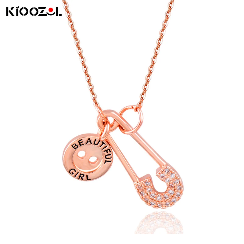 

KIOOZOL Beautiful Girl Lettering Smiley Face Keychain Micro Inlay CZ Pendant Rose Gold Silver Color Necklace 800 DP1
