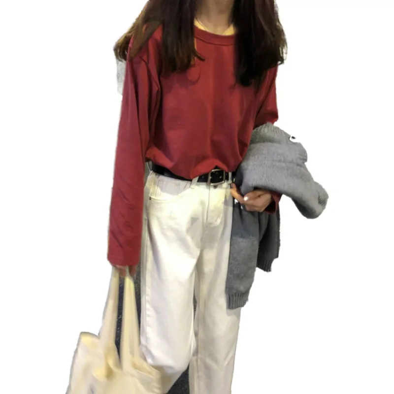 

2021 new long-sleeved female spring and autumn girlfriends style Korean style top clothes t-shirt pure color lazy loose trend