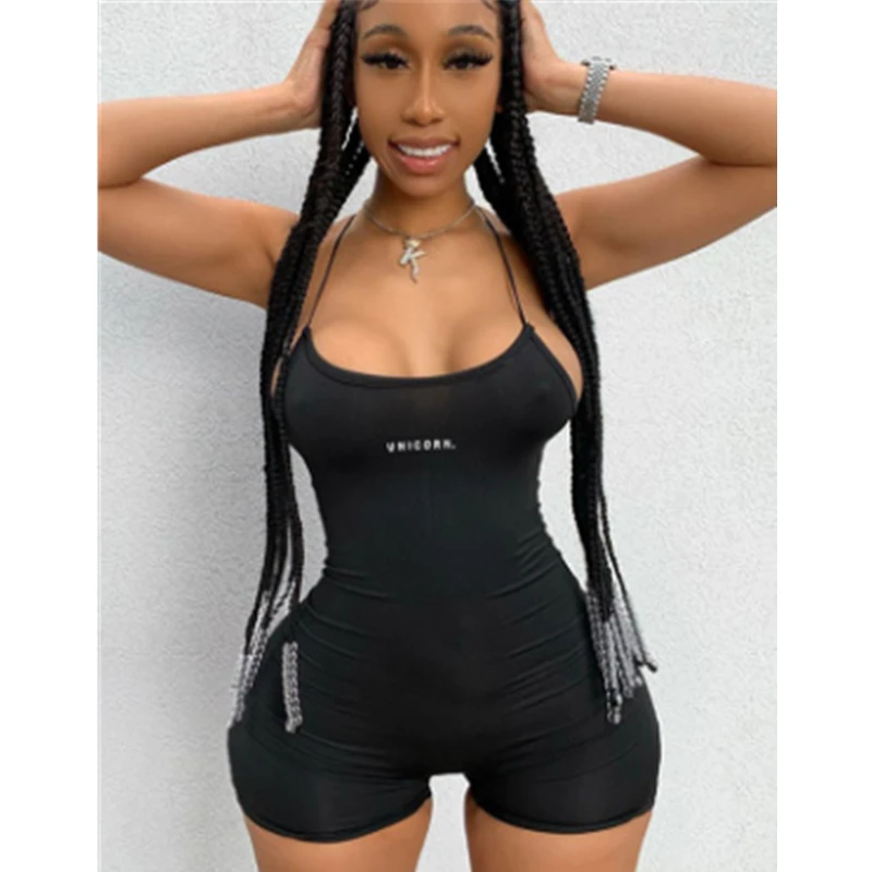 

Hirigin 2020 Women Sexy Spaghetti Strap Playsuit Black Skinny Letter Print Backless Fitness Sport Jumpsuit Romper Outfits Summer