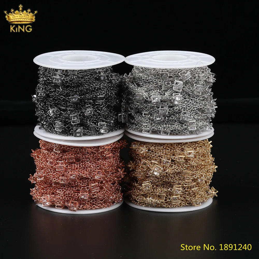 

5Meters Sale,6X6mm Ziron Cube Beads Chains Jewelry,Plated Gold Gun Black Wire Wrapped Zirconia Beads Rosary Chains DIY Necklace