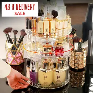 360 degree rotating cosmetic storage box makeup organizer cosmetics storage rack fashion crystal helf display stand high capacit free global shipping