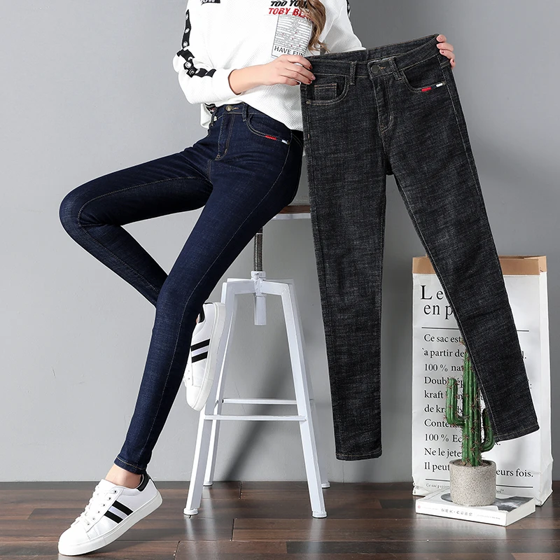 2019 зимние женские джинсы тонкие с высокой талией обтягивающие штаны вышивкой