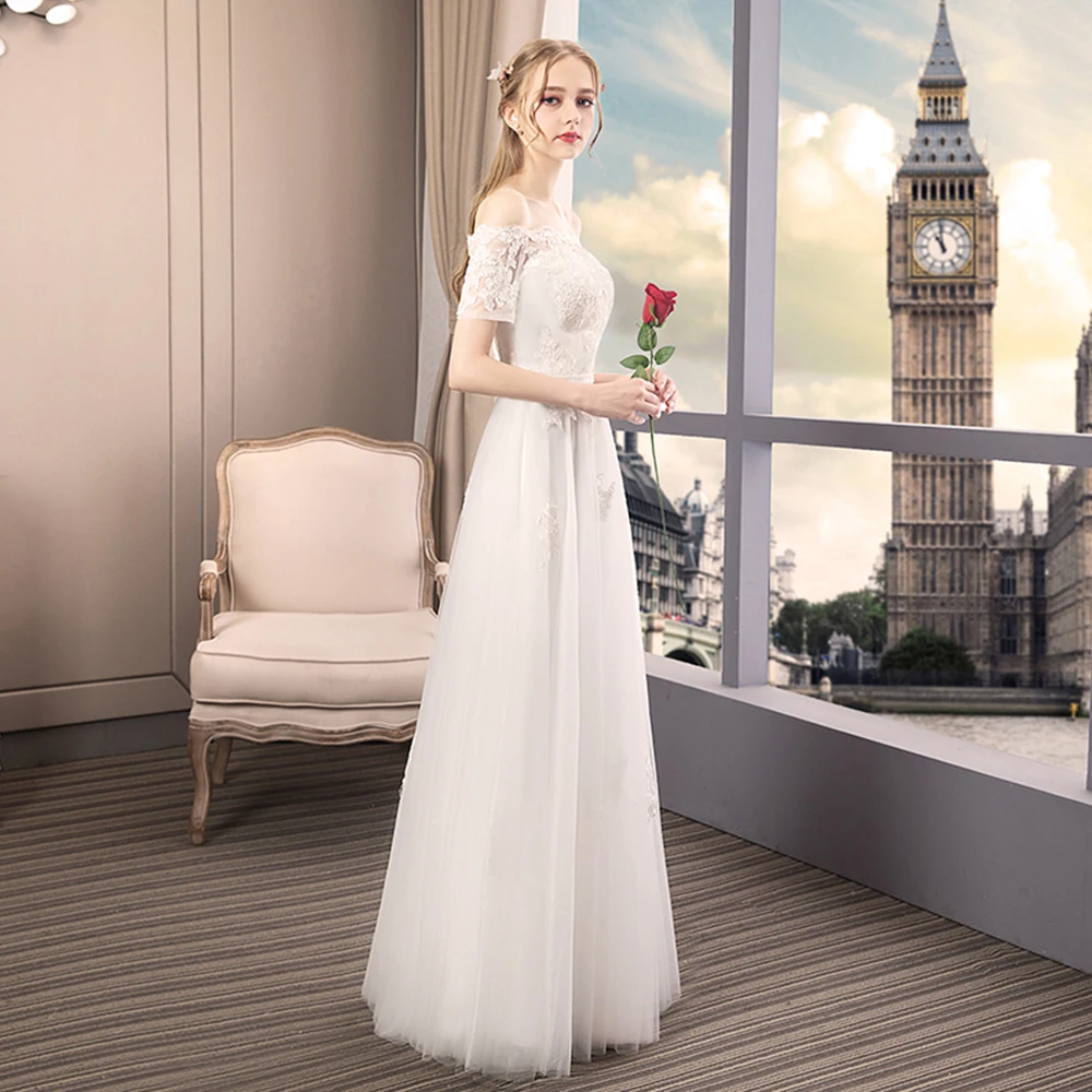 

Dioflyusa Simple Generous Lace Women Wedding Dress 2021Champagne Boat Neck Luxury Princess Romantic Bridesmaid Wedding Dress