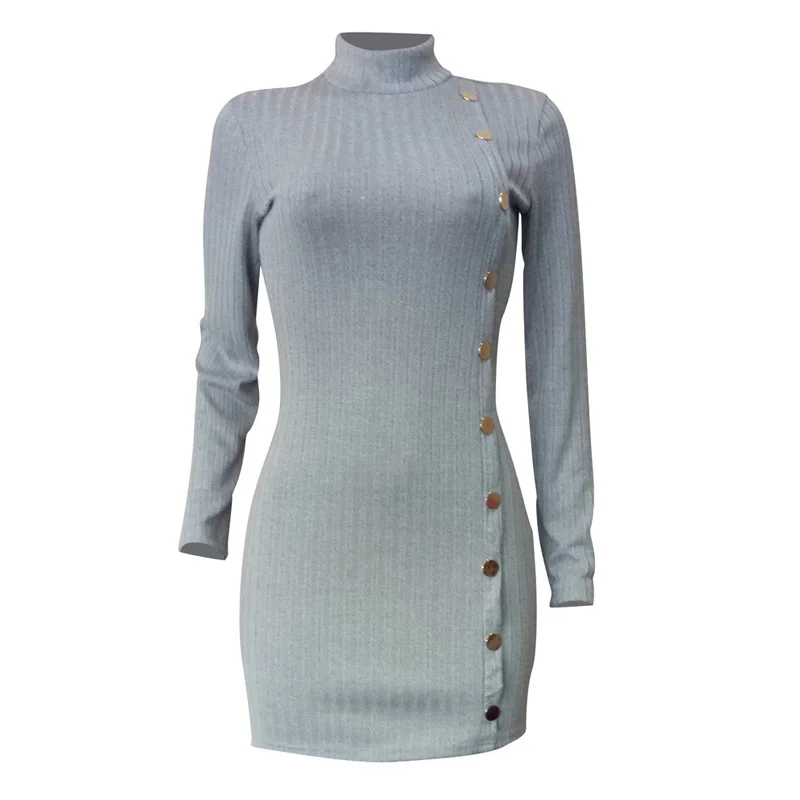 

New Fashion Fall Elegant Women Casual Dress Ribbed Turtleneck Long Sleeve Buttons Slim fit Mini dress