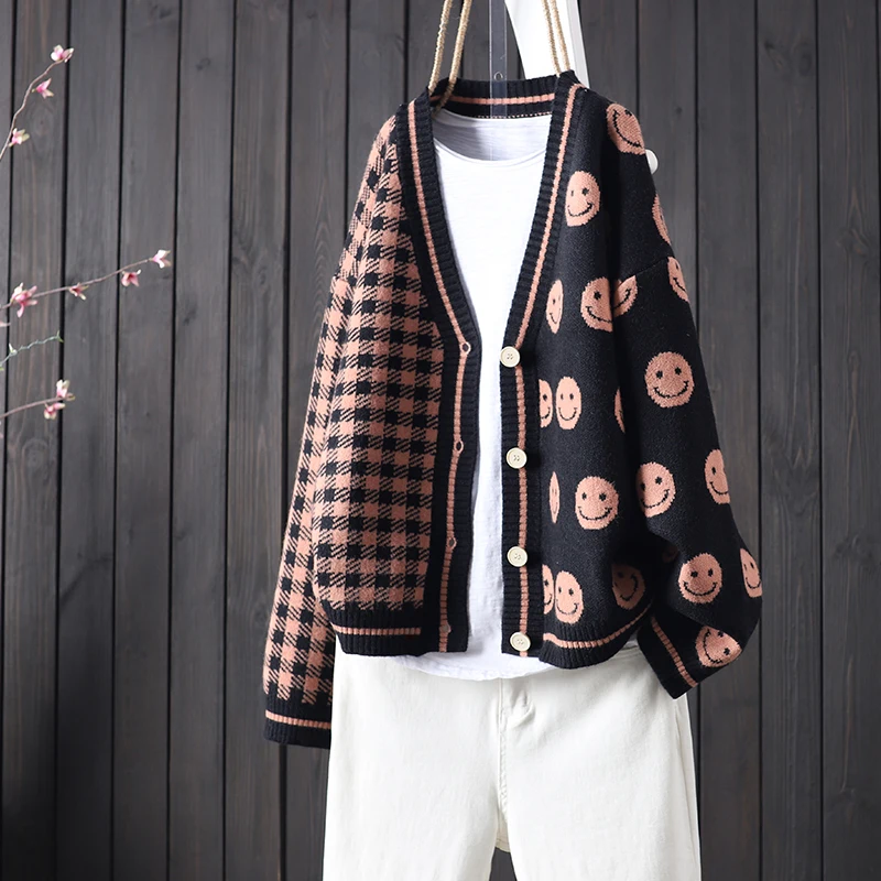 

Autumn And Winter New Products Loose Face Plaid Stitching Jacquard Knitted Cardigan Women Casual All-match Sweater