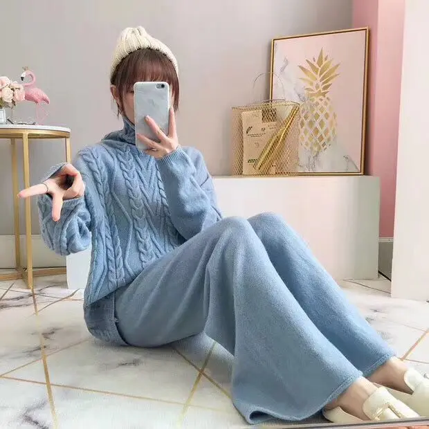 Light blue Женский шерстяной Теплый вязаный костюм, женский пуловер с широкими штанинами, свитер и штаны, комплект из 2 предметов, абрикосовый, розовый, зеленый, синий - Цвет: Light blue