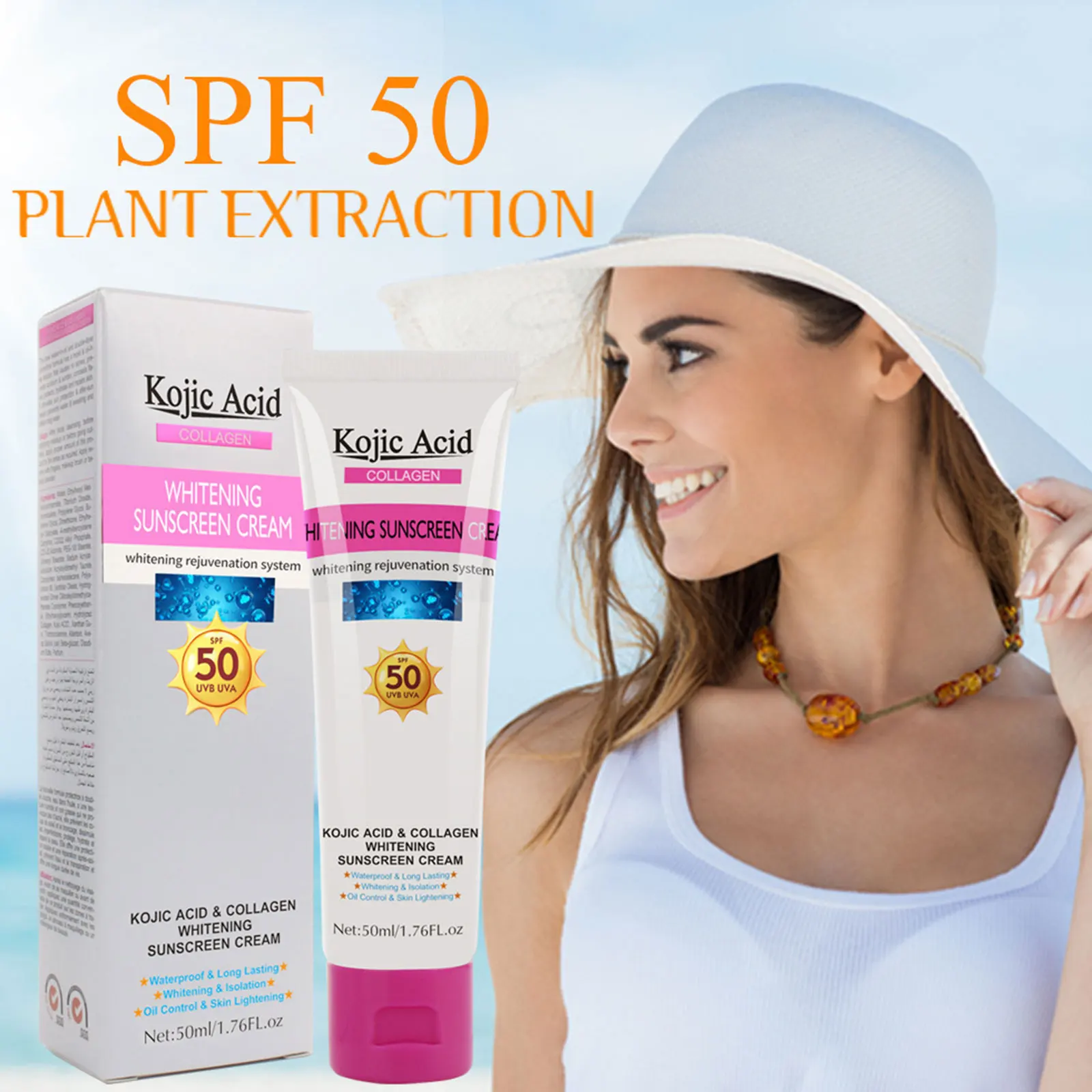 

Kojic Acid Collagen Whitening UV Sunscreen Cream Concealer Isolation Face Sunblock Body Sun Protection Lotion SPF50+