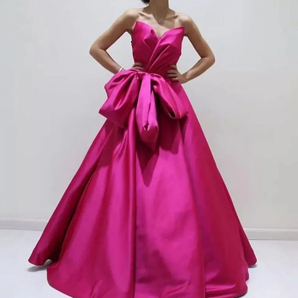 

Rose Red Strapless Evening Dresses Long 2021 Satin Eleglant V-Neck Prom Gowns Big Bow Custom Made Plus Size vestido de fiesta